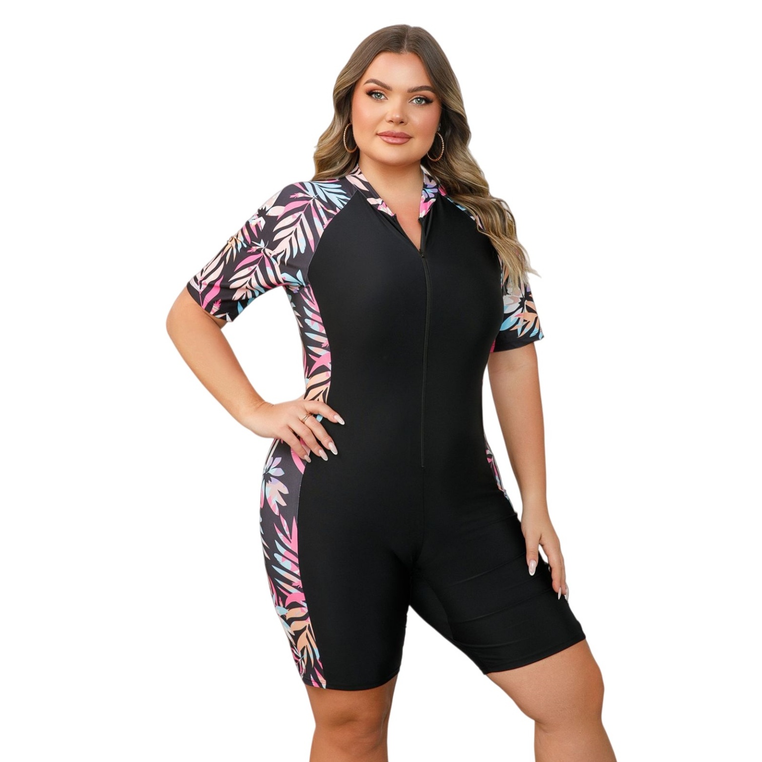 Plus Size Rash Guard Swimsuit Color Block Short Sleeve Zip-Up One Piece Swimwea